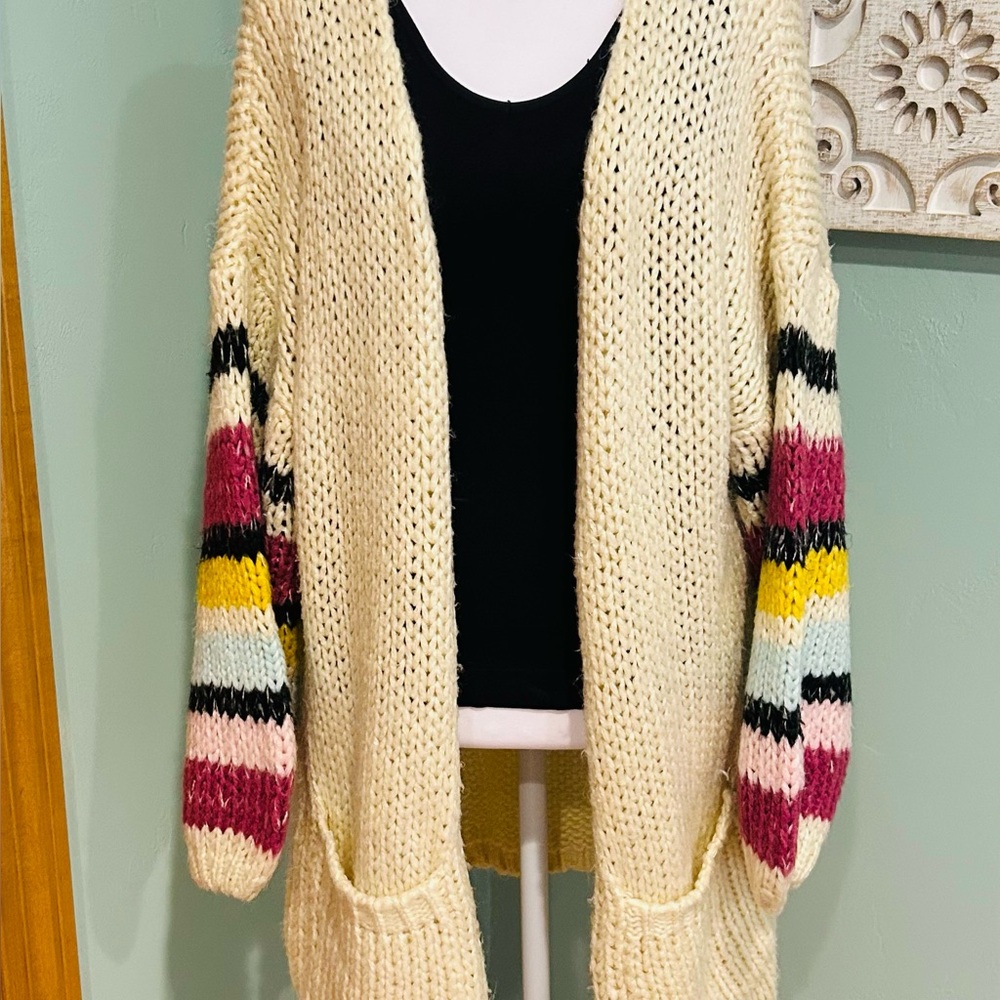 DAVI & DANI Cream Cardigan with Multicolor Striped Sleeves